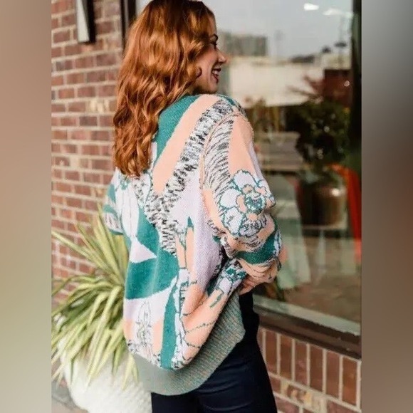 FREE PEOPLE GRAPHIC ABSTRACT AUGUST CARDIGAN - ORCHID TEAL - Picture 11 of 11
